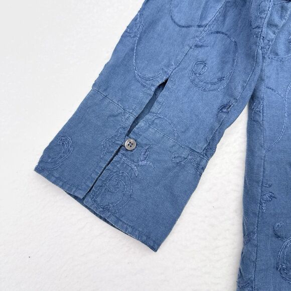 Talbots Linen Top Size Medium‎ Blue Chambray Floral Embroidered Irish Linen Boho - Picture 7 of 10